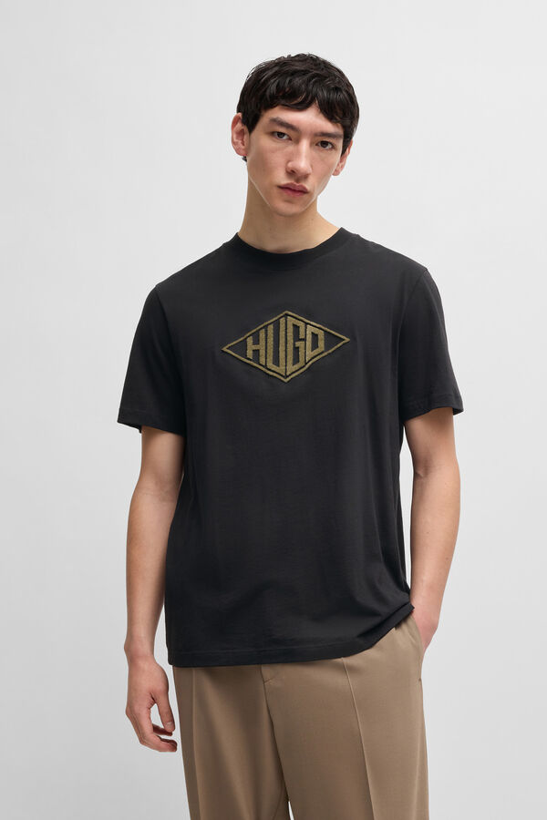 HUGO Camiseta de malha de algodão com bordado de logo geométrico Preto