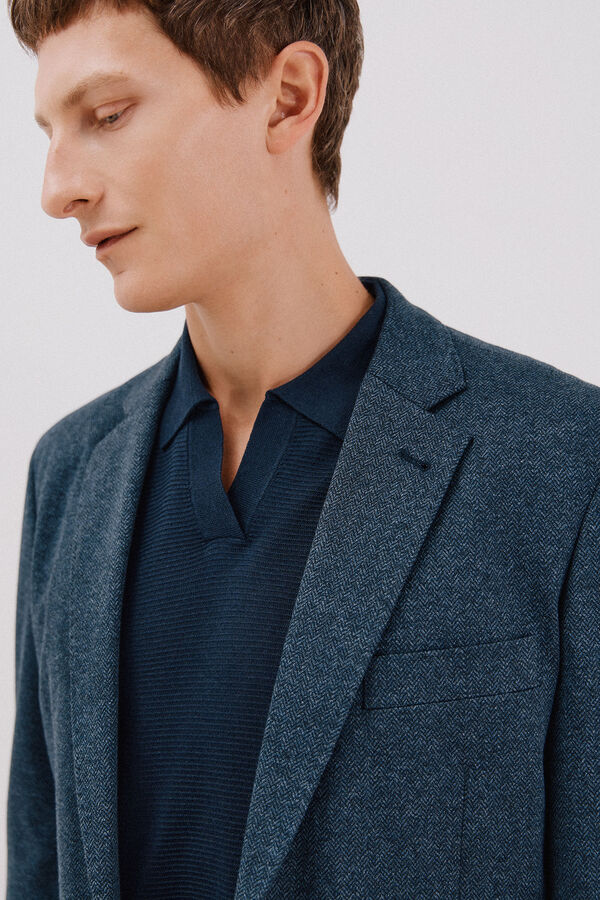 Cortefiel Herringbone jersey-knit blazer Blue