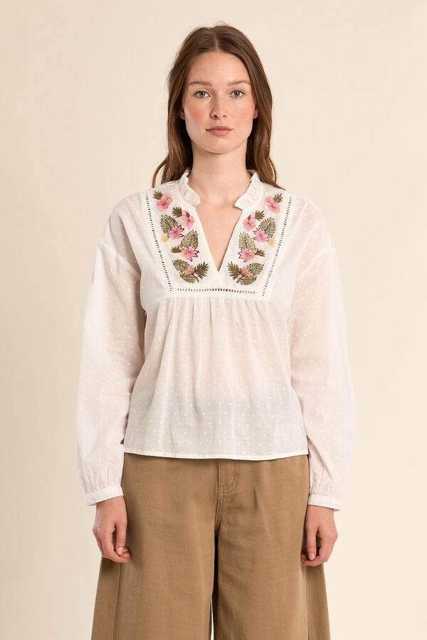 Molly Bracken Blusa de manga comprida com flores bordadas Branco