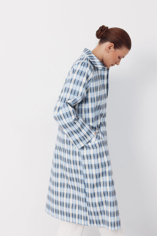 Cortefiel Long plaid trench coat Printed blue