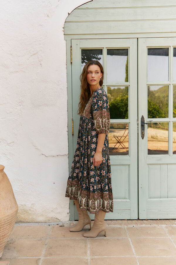 Jaase Vestido midi Eve estampado Nomade Preto