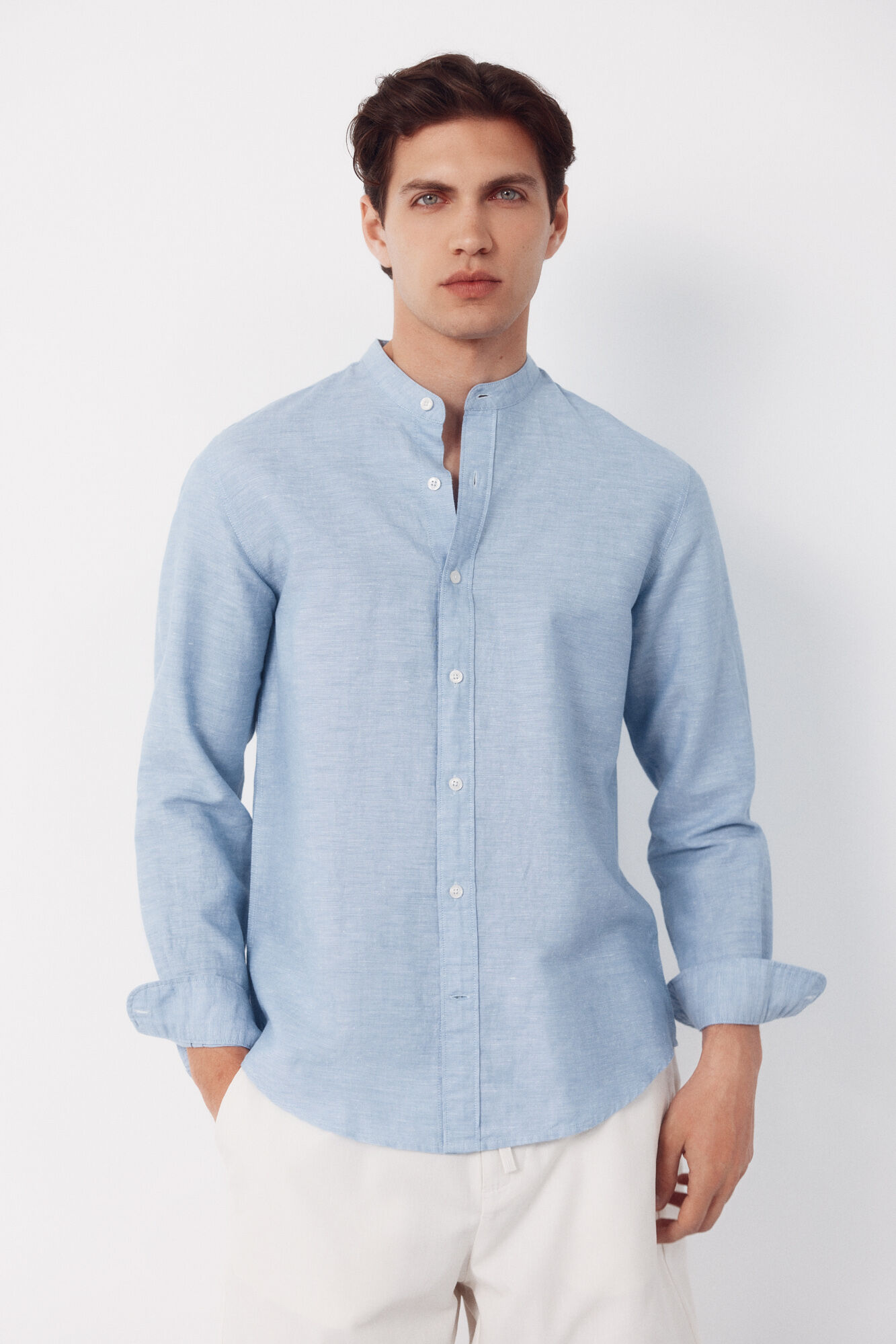 Cortefiel Plain linen cotton mandarin collar shirt