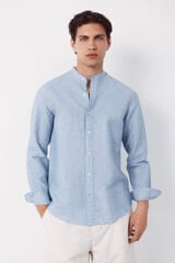 Cortefiel Plain linen cotton mandarin collar shirt Blue