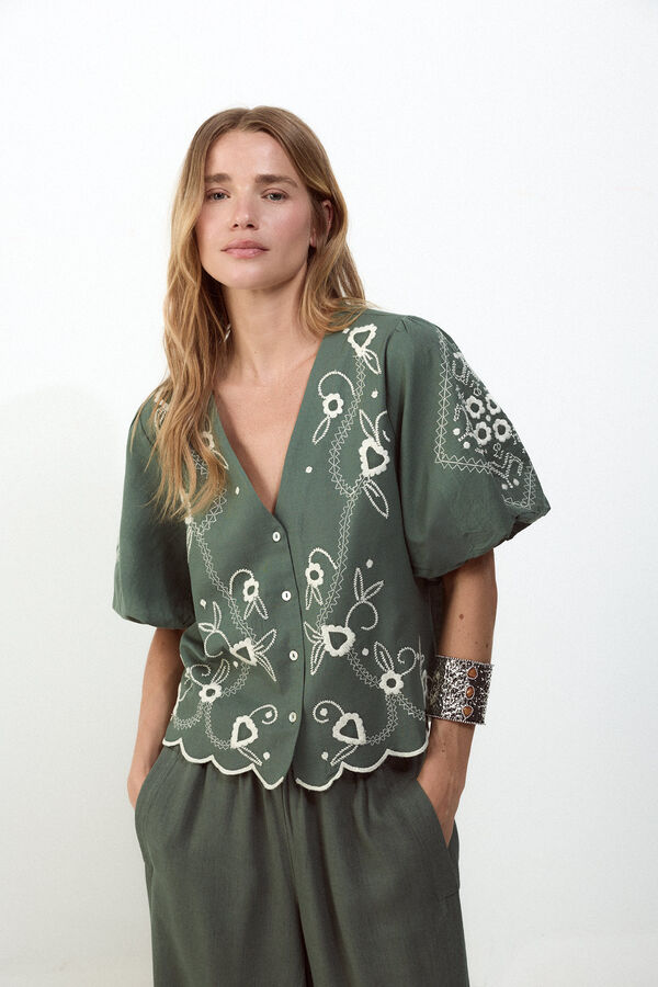 Slowlove Blusa bordado manga farol Verde