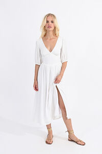 Cortefiel Long short-sleeved dress with pleats Ivory