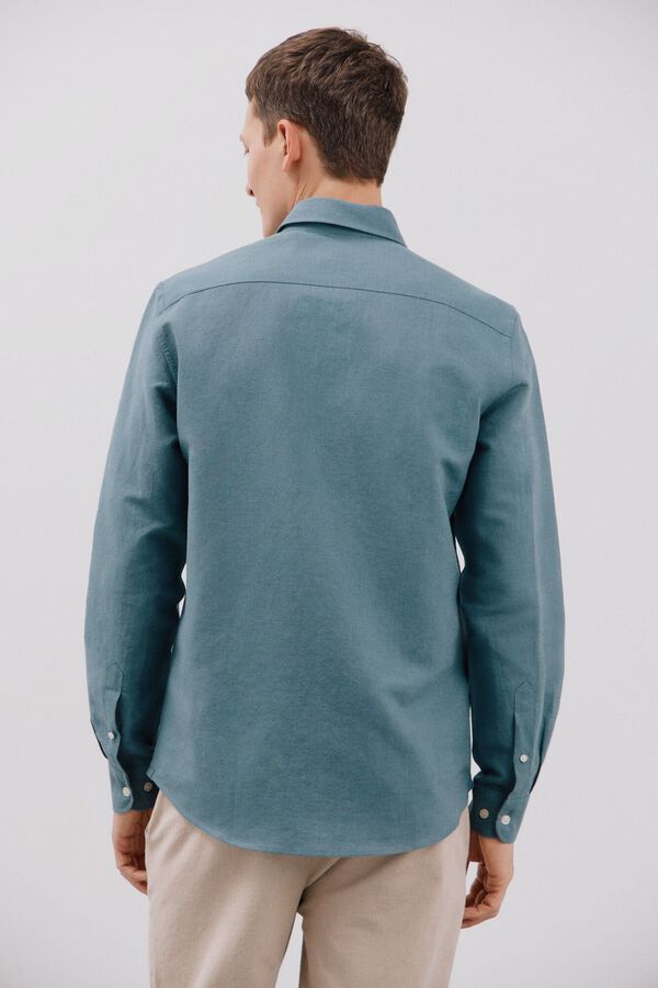 Cortefiel Plain linen/cotton shirt Blue
