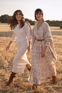 Cortefiel Batwing sleeve ribbed dress Ecru