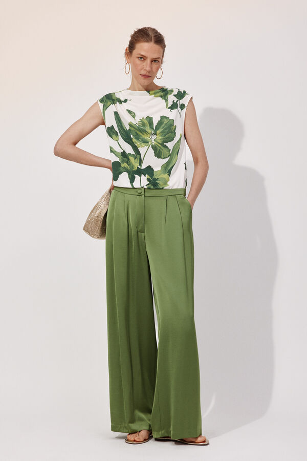 Cortefiel Palazzo trousers with pleats Green