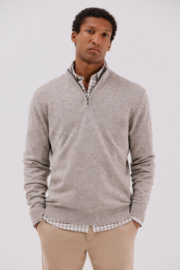 Cortefiel Twisted-knit wool jumper with zip Beige