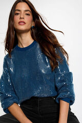 Morgan Camisola de lantejoulas com gola redonda Azul