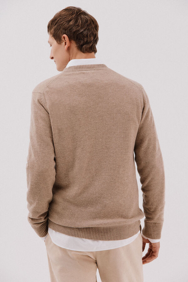 Cortefiel Lambswool round V wool sweater Camel