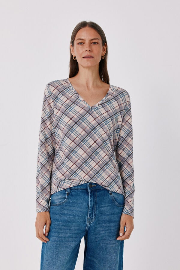 Cortefiel V-neck basic T-shirt Printed blue