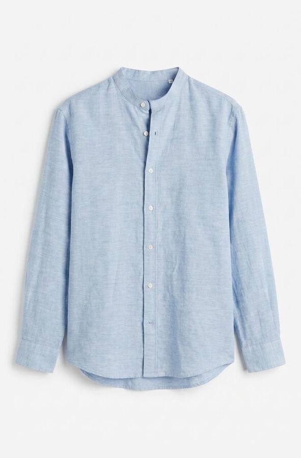Cortefiel Camisa em linho e algod&atilde;o lisa gola mao Azul