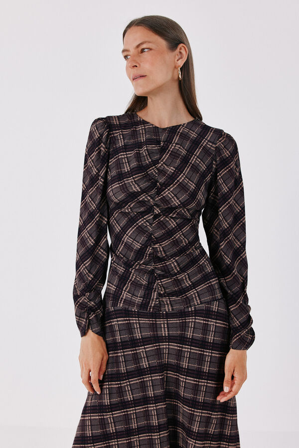 Cortefiel Plaid print ruched dress Printed grey