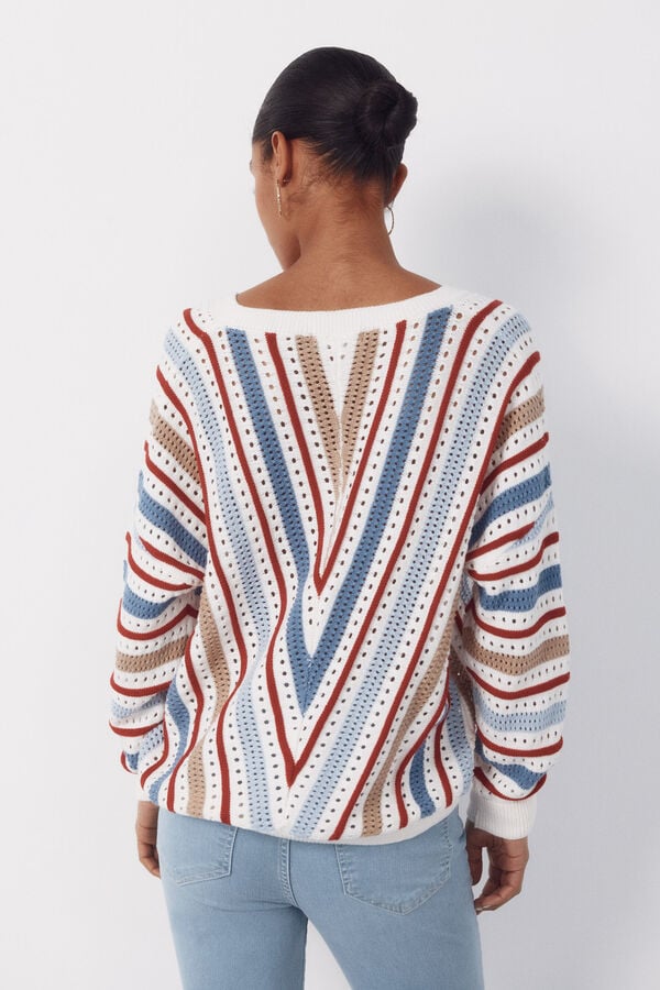 Cortefiel Striped openwork jumper Printed white
