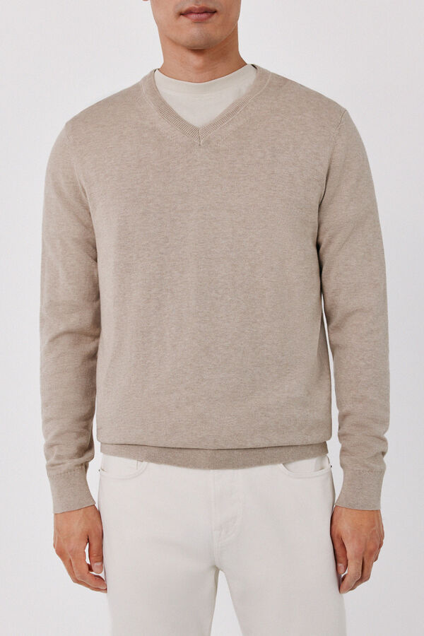 Cortefiel Cotton cashmere knit V-neck jumper Beige