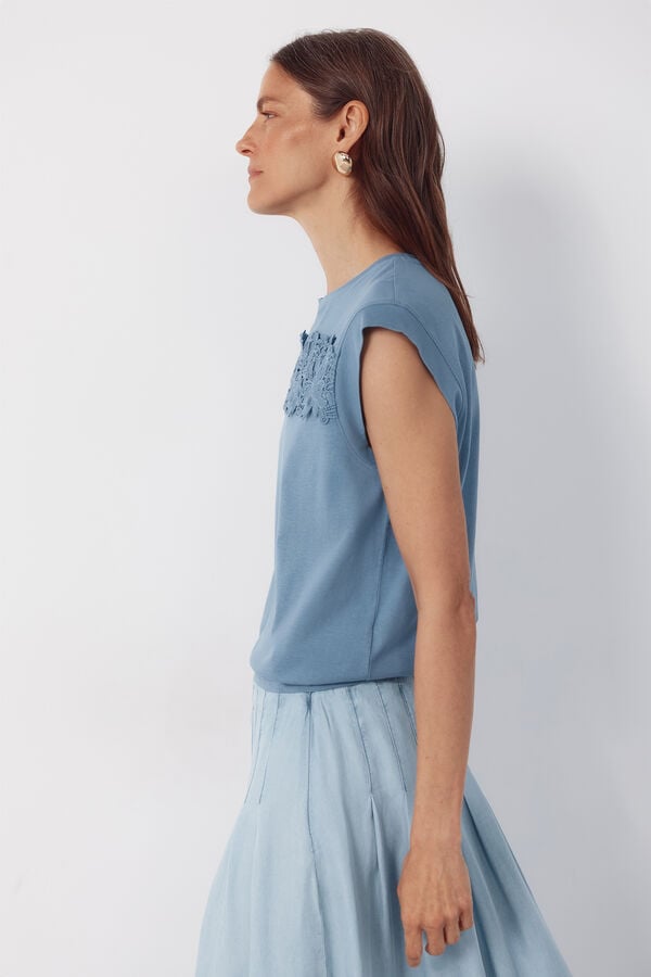 Cortefiel Floral crochet ribbon t-shirt Blue