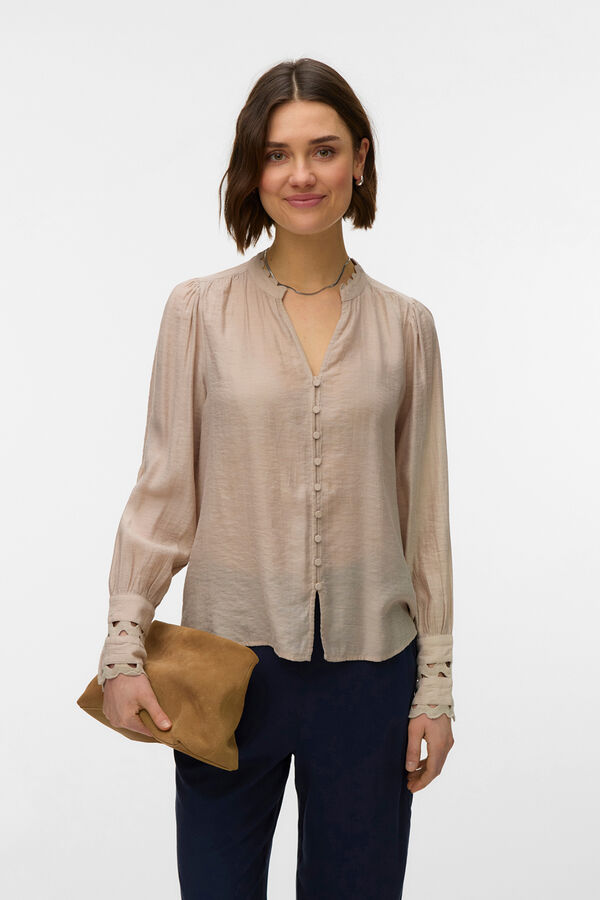 Vero Moda Long sleeve openwork details shirt Beige