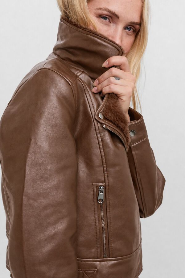 Vero Moda Faux leather jacket with faux fur Brown