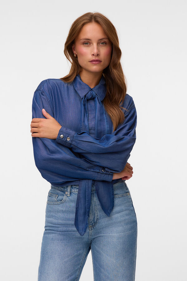 Vero Moda Camisa de ganga leve com la&ccedil;o Azul