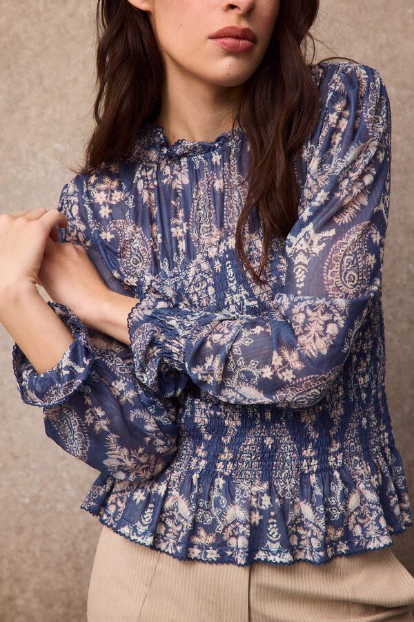 Slowlove Top tul estampado fruncido Estampado azul