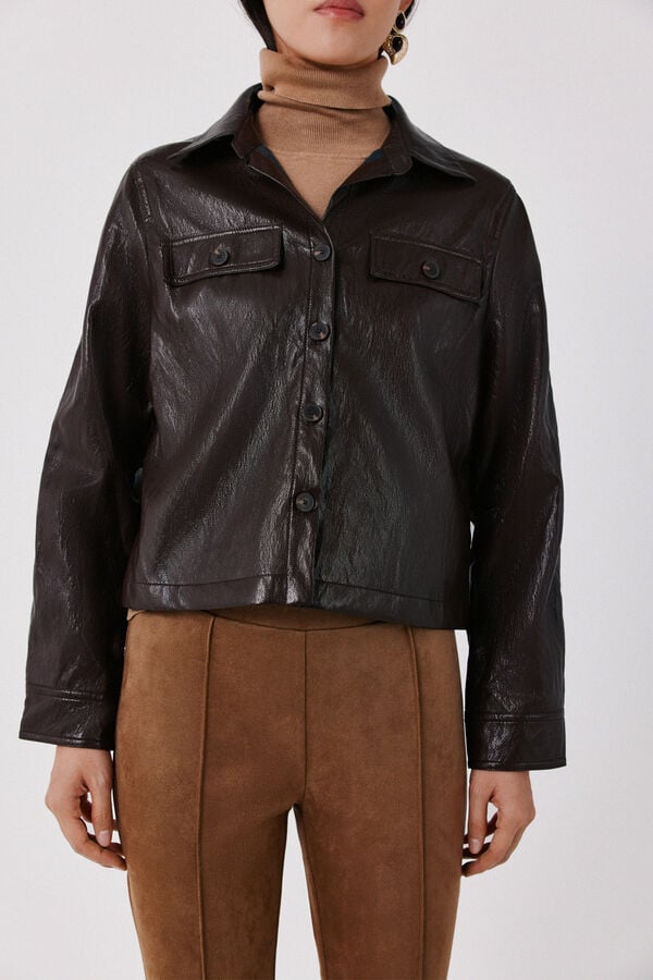 Cortefiel Faux leather lightweight jacket Dark brown