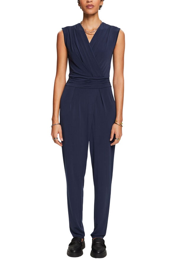 Cortefiel Long jumpsuit with crossover neck Navy