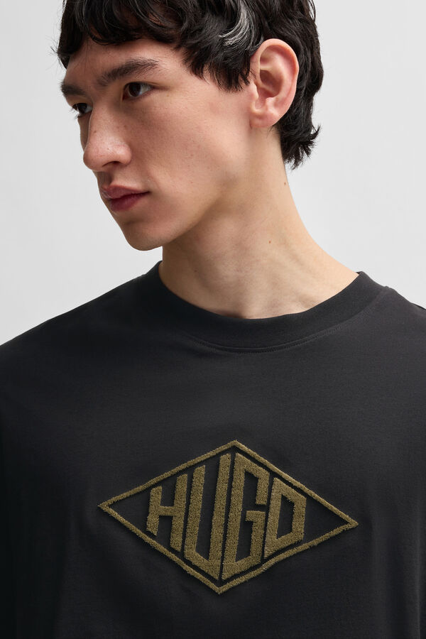 HUGO Camiseta de malha de algodão com bordado de logo geométrico Preto