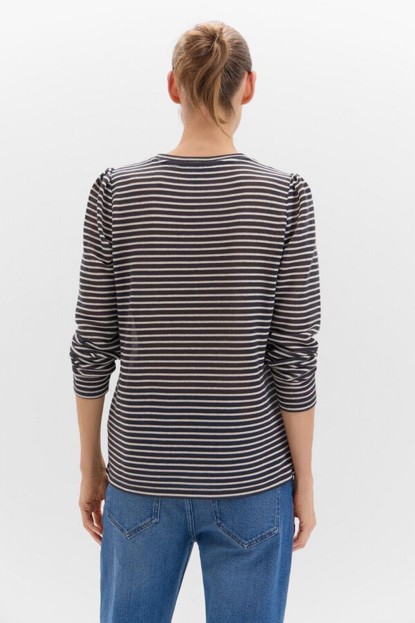 Cortefiel Striped top with gathered sleeves Printed blue