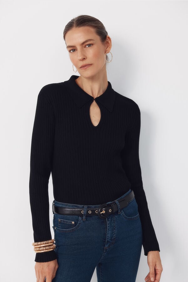 Cortefiel Jersey-knit keyhole polo shirt Black