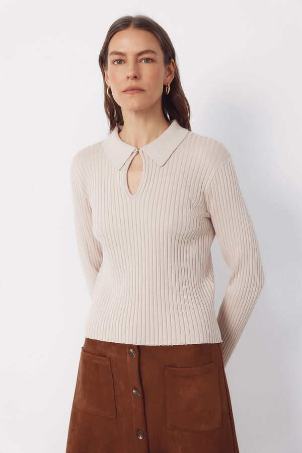 Cortefiel Jersey-knit keyhole polo shirt Nude