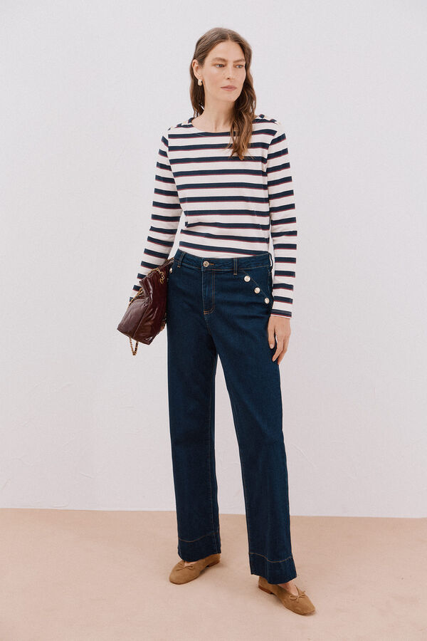 Cortefiel Boat neck T-shirt with buttons Printed blue