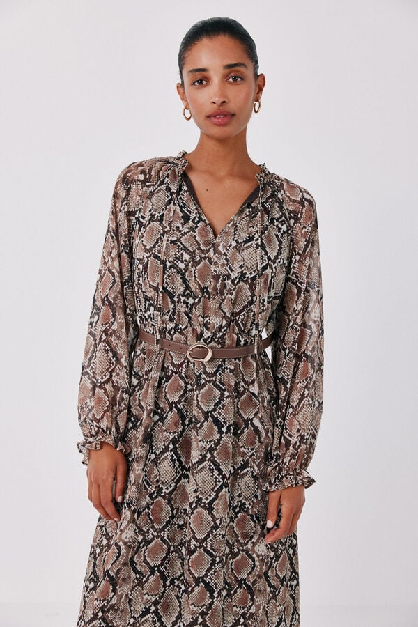 Cortefiel Printed fluid dress with belt Printed brown