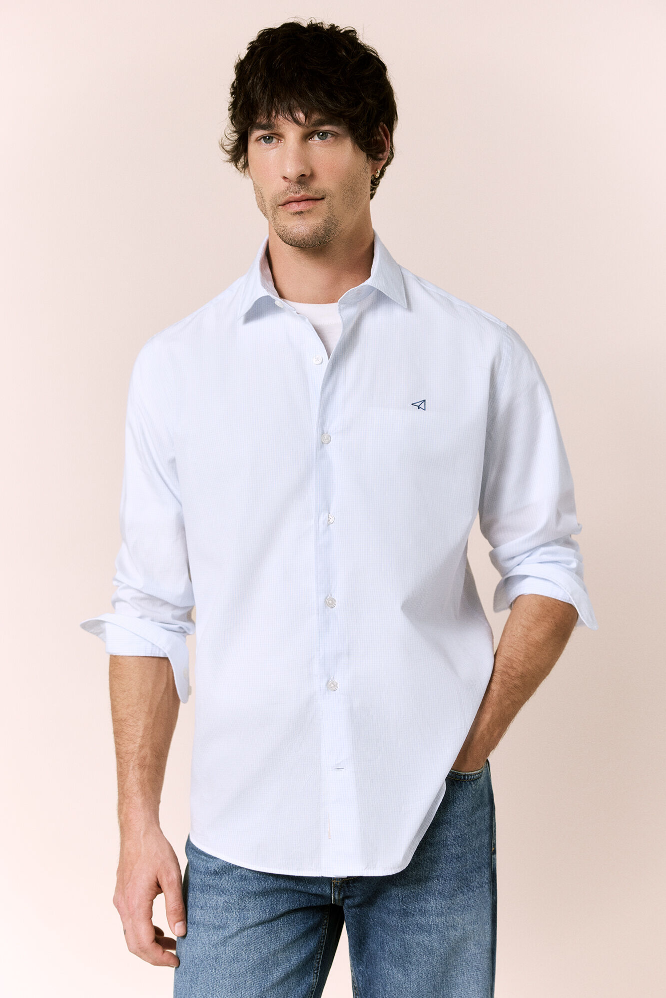 OOTO Camisa em popelina aos quadrados de manga comprida