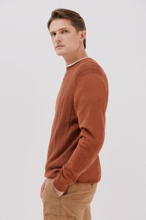 Cortefiel Fine braided cotton crew crew neck sweater Camel