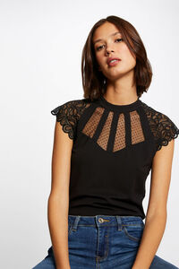 Cortefiel Short-sleeved T-shirt with lace Black