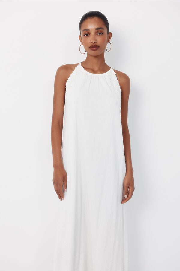 Cortefiel Halterneck dress with floral crochet ribbon White