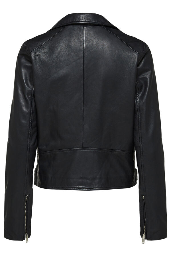 Selected Femme Blusão biker cropped 100% couro. Preto