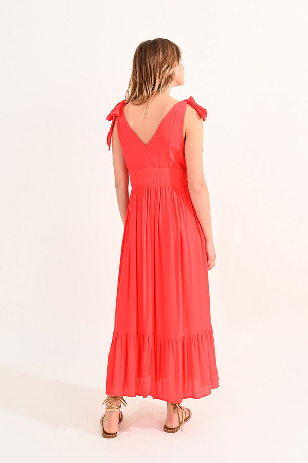Cortefiel Long dress with tie belt and ruffles Red