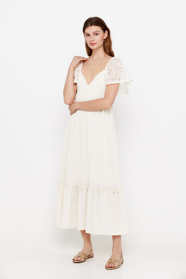 Cortefiel Jersey-knit dress with lace sleeve detail Ivory