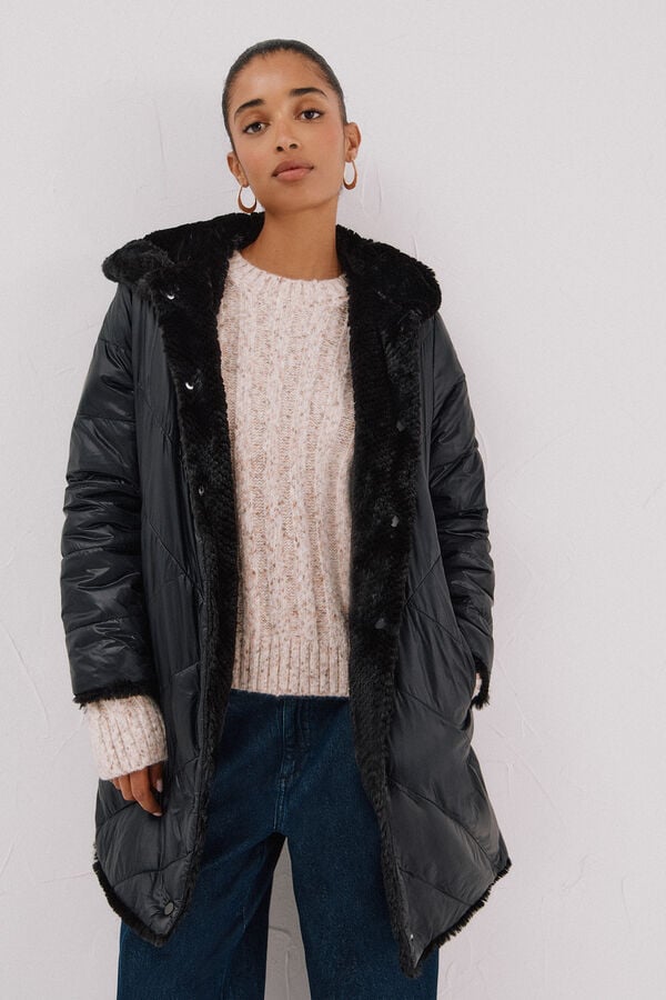 Cortefiel Long reversible faux fur coat Black