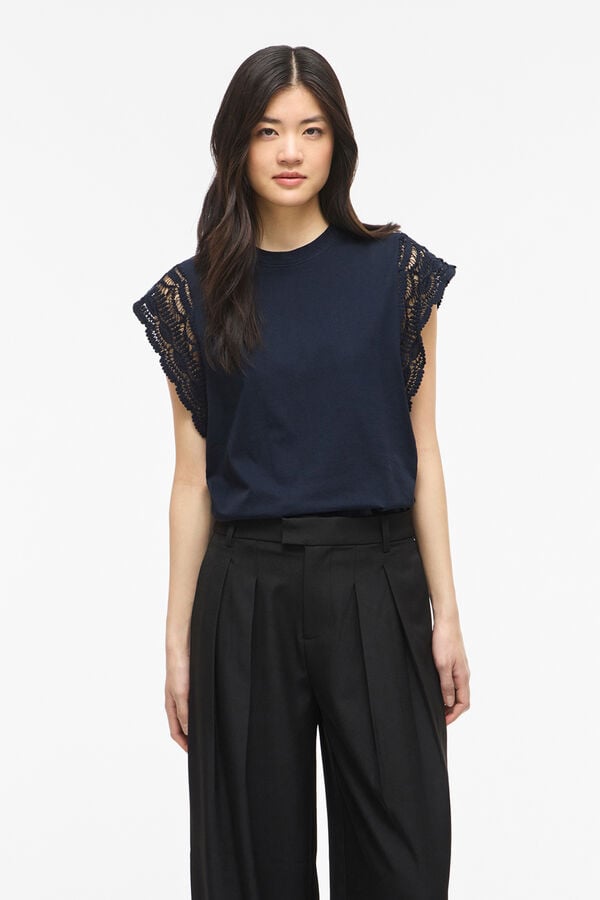 Vila T-shirt com renda nas mangas Azul