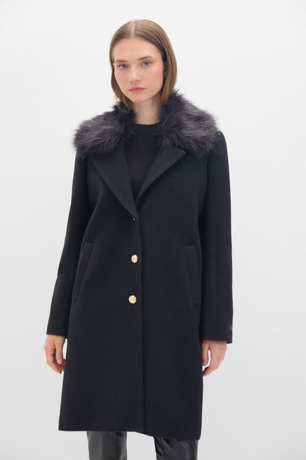 Cortefiel Faux fur coat at the collar Black