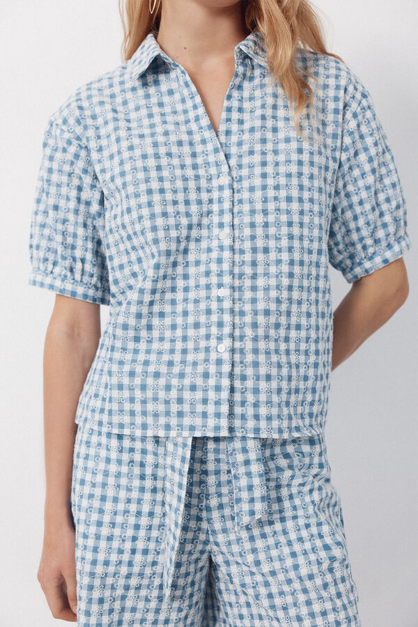 Cortefiel Embroidered gingham blouse Printed blue