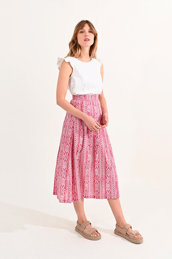 Cortefiel Long printed skirt with pleats Pink