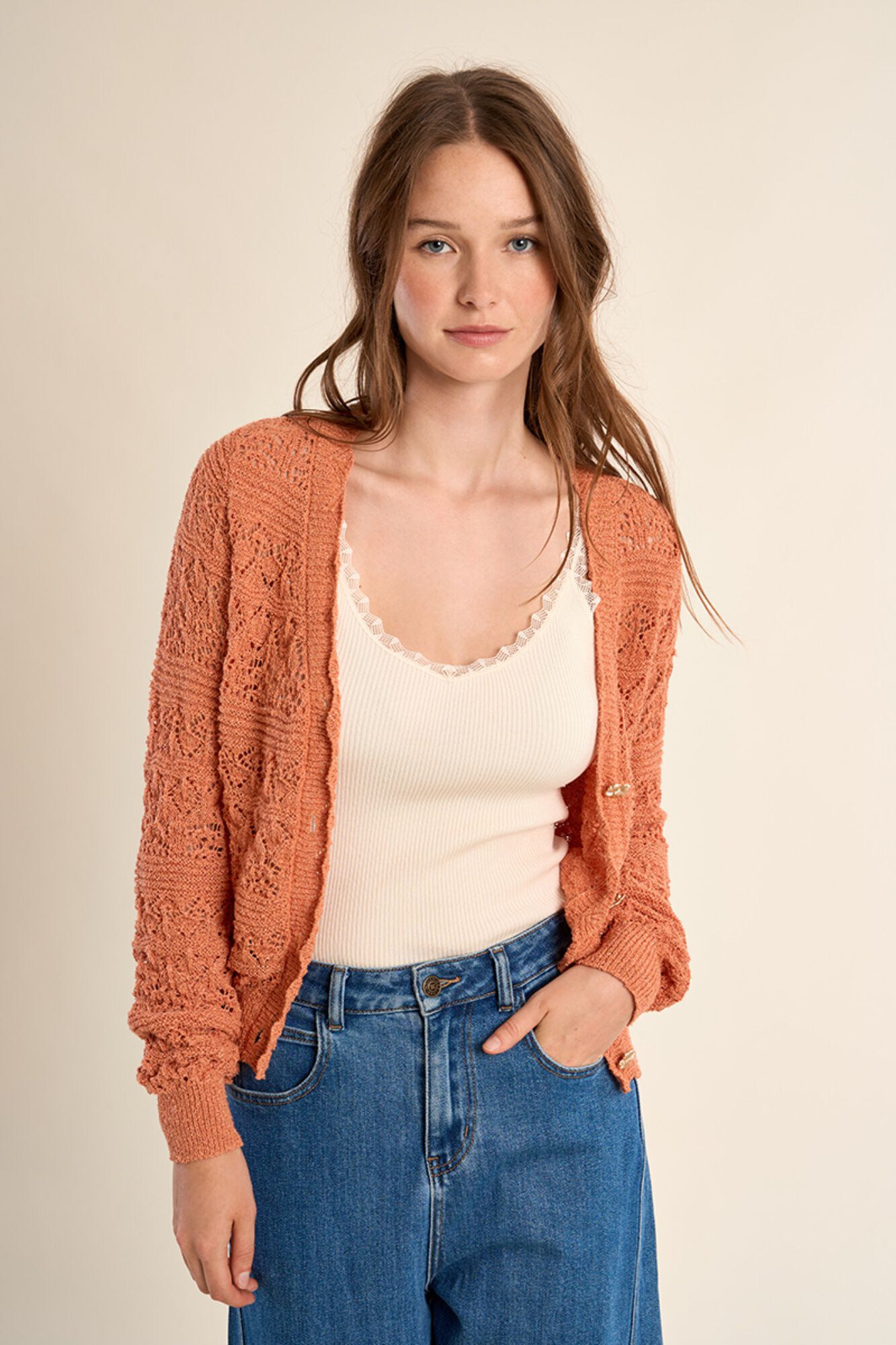 Molly Bracken Casaco de malha de mulher de manga comprida em malha rendada