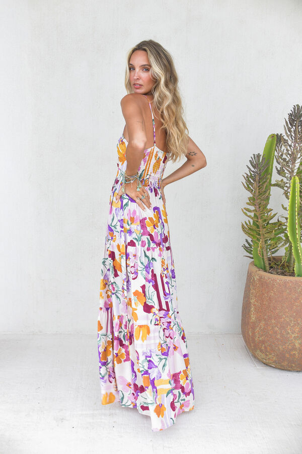 Jaase Vestido comprido com detalhe de la&ccedil;ada Impress&atilde;o