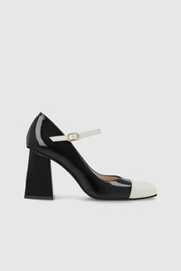 Cortefiel Square heel pumps in black and white patent leather. Black