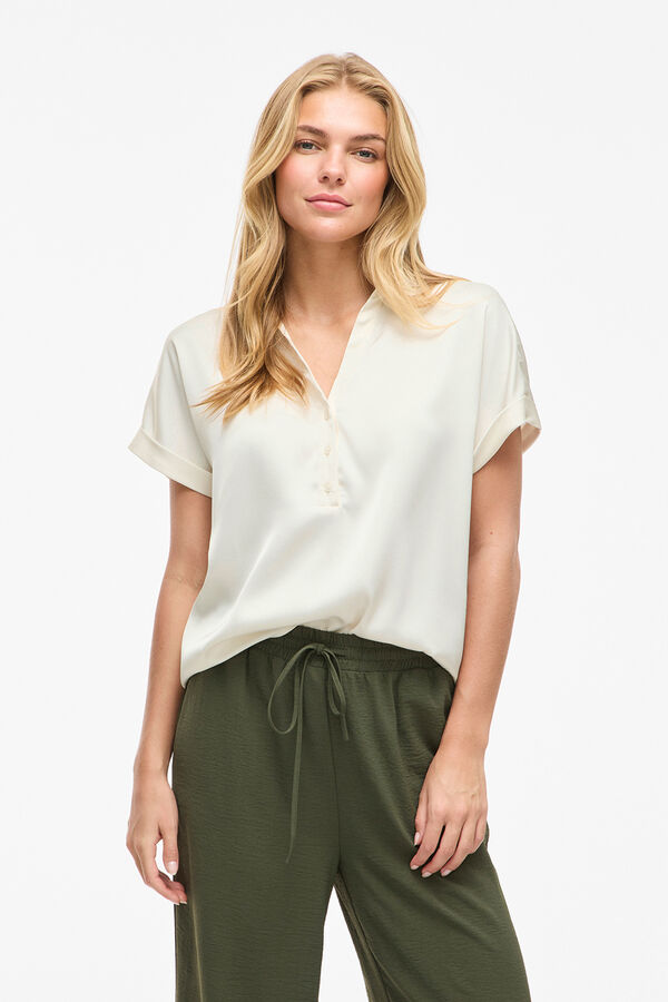 Vila Blusa acetinada de manga curta Ecru