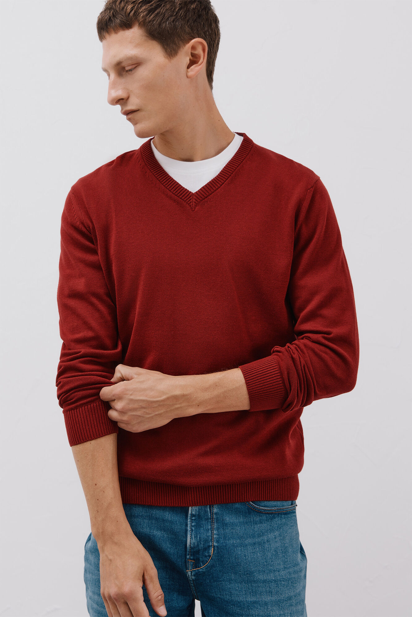 Cortefiel Malha de malha fina de algod&atilde;o com gola em bico